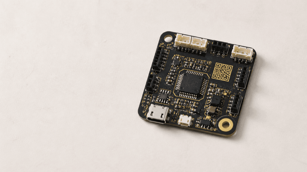 A custom PCB featuring labels and a machine-readable code created for a maker project