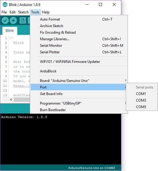 serial ports before connection