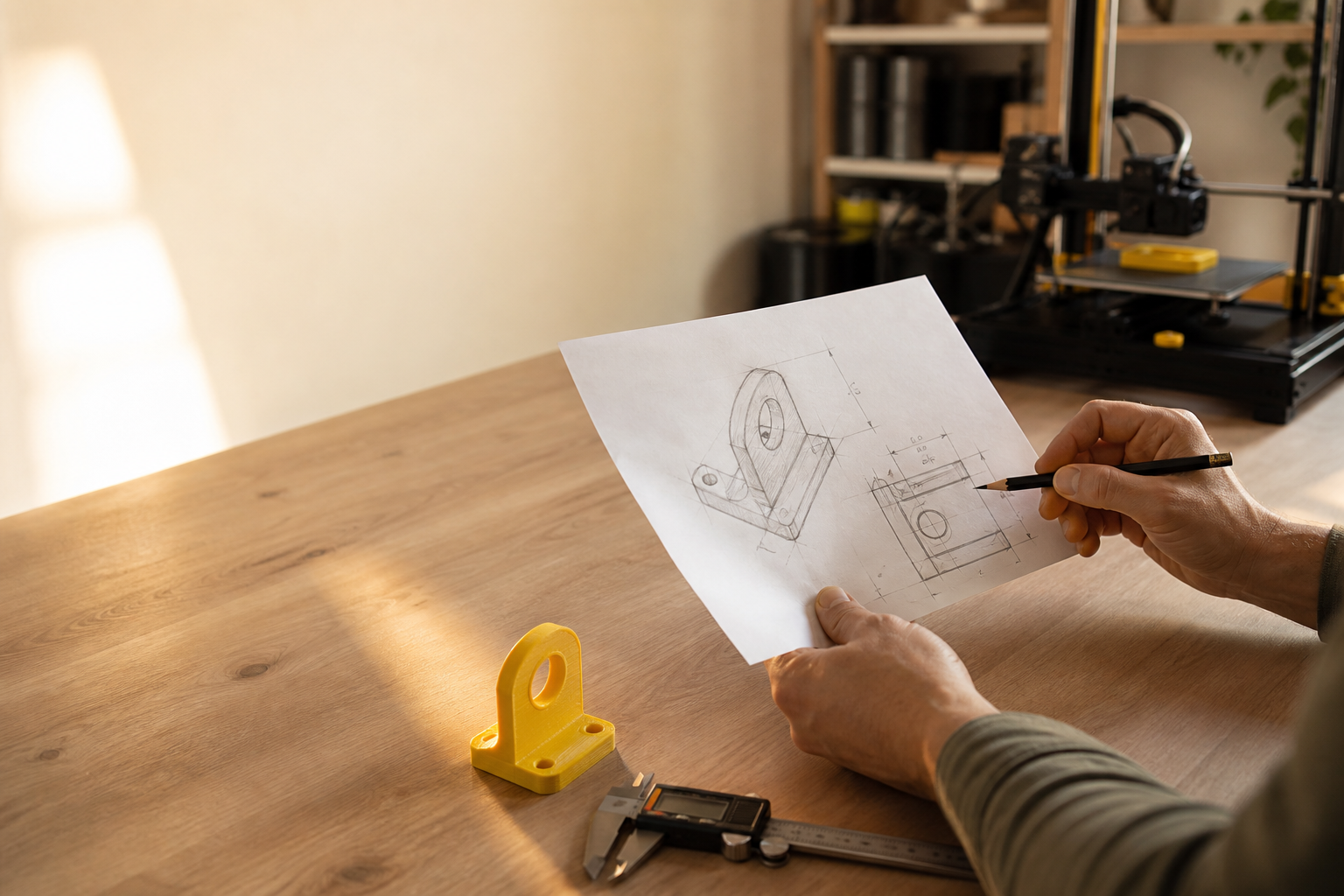 A hand marking a dimensioned sketch beside a yellow 3D printed bracket and digital calipers